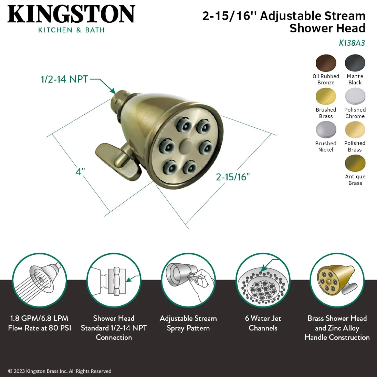 New Victorian Adjustable 3" - 6 Jet Spray Shower Head Shower Heads