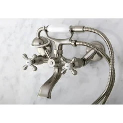 Clearance Victorian Tub Wall Mount Clawfoot Tub Filler with Hand Shower in Satin Nickel Tub Faucets