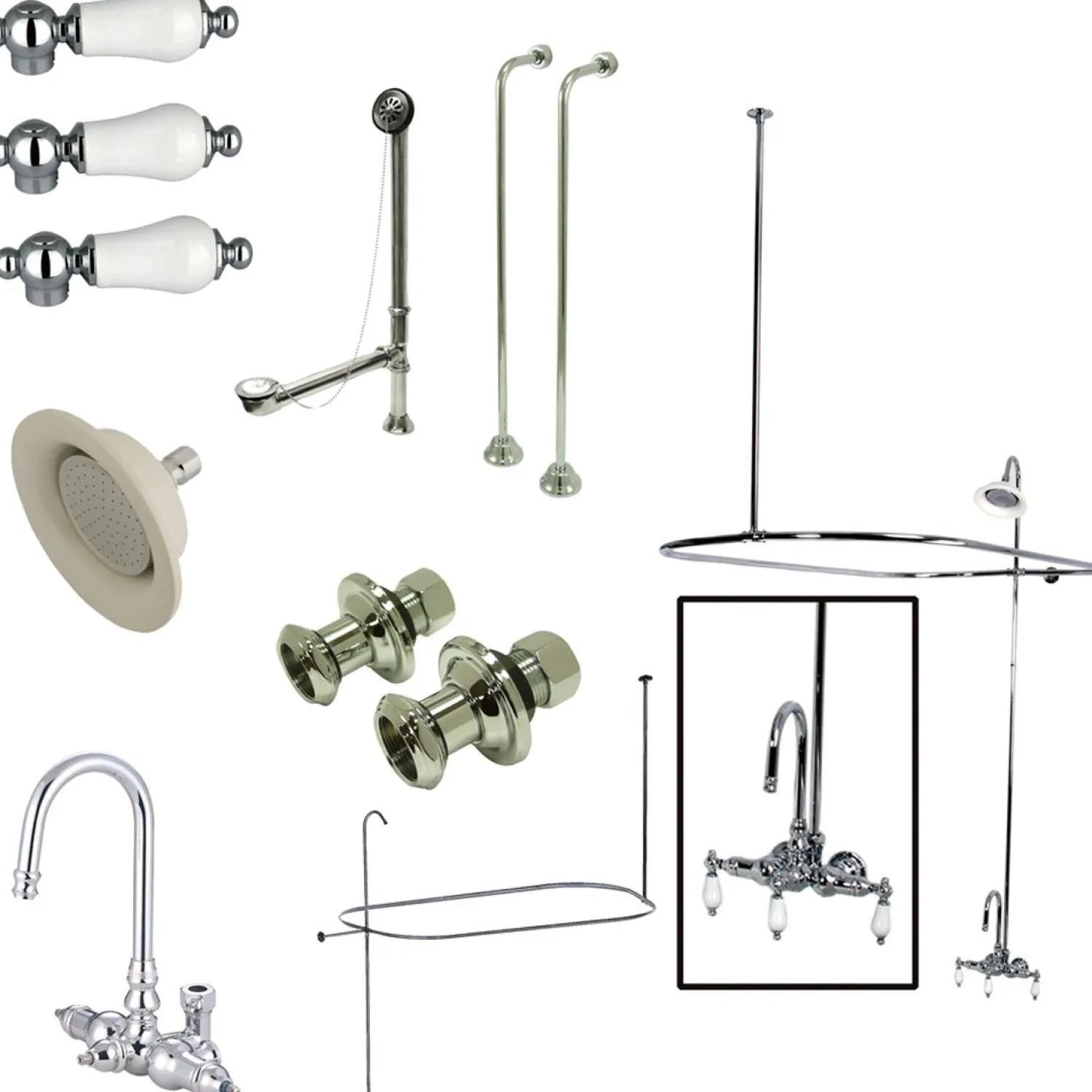 Vintage Clawfoot Tub Package with High Rise Goose Neck and 62" Shower Riser Tub & Shower Sets|Tub Faucets