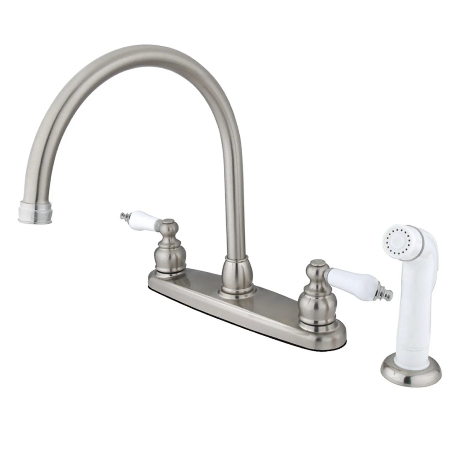 Discount Vintage Double Handle Goose Neck Kitchen Faucet with White Sprayer Faucets With Side Spray