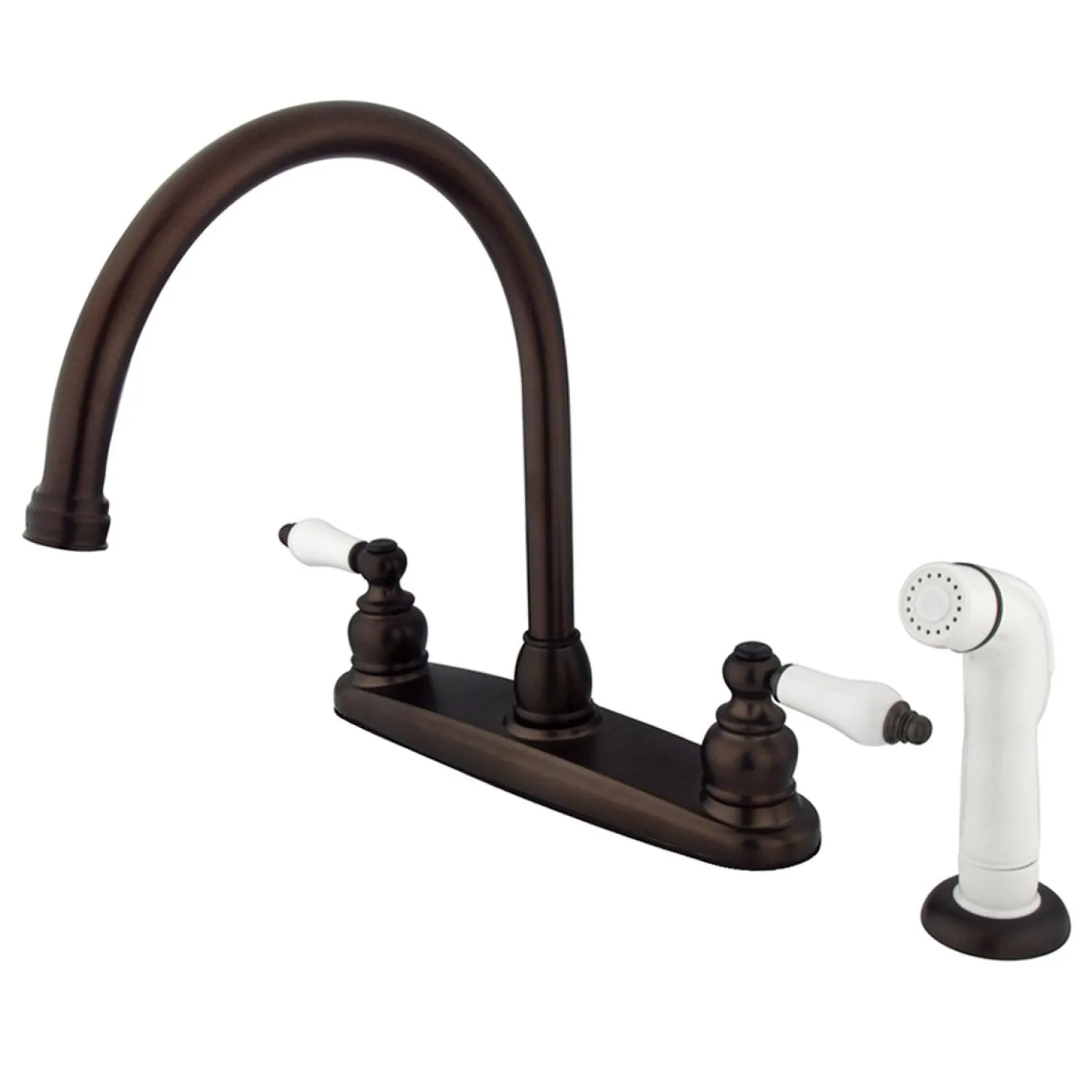 Discount Vintage Double Handle Goose Neck Kitchen Faucet with White Sprayer Faucets With Side Spray