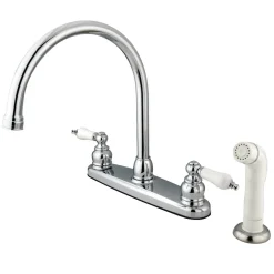 Discount Vintage Double Handle Goose Neck Kitchen Faucet with White Sprayer Faucets With Side Spray