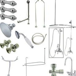 Online Vintage High Rise Gooseneck Clawfoot Tub and Shower Package with Porcelain Lever Handles in Polished Chrome Tub & Shower Sets|Tub Faucets