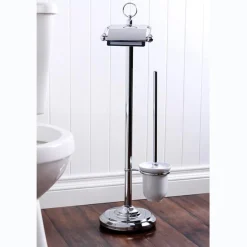 New Vintage Pedestal Toilet Paper and Brush Holder in Polished Chrome Toilet Paper Holders
