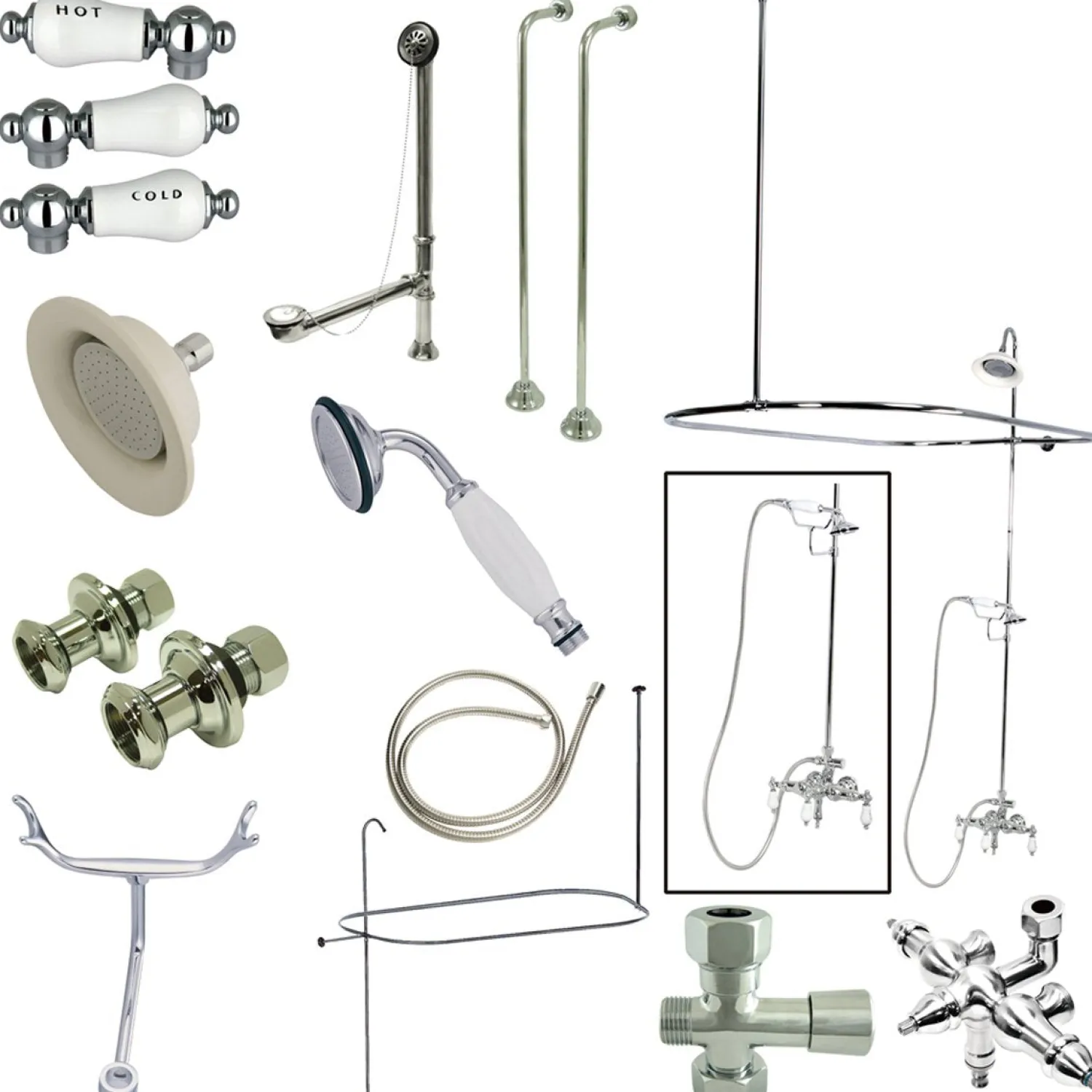 Discount Vintage Wall Mount Down Spout Clawfoot Tub and Shower Package with Porcelain Lever Handles in Polished Brass Tub Faucets