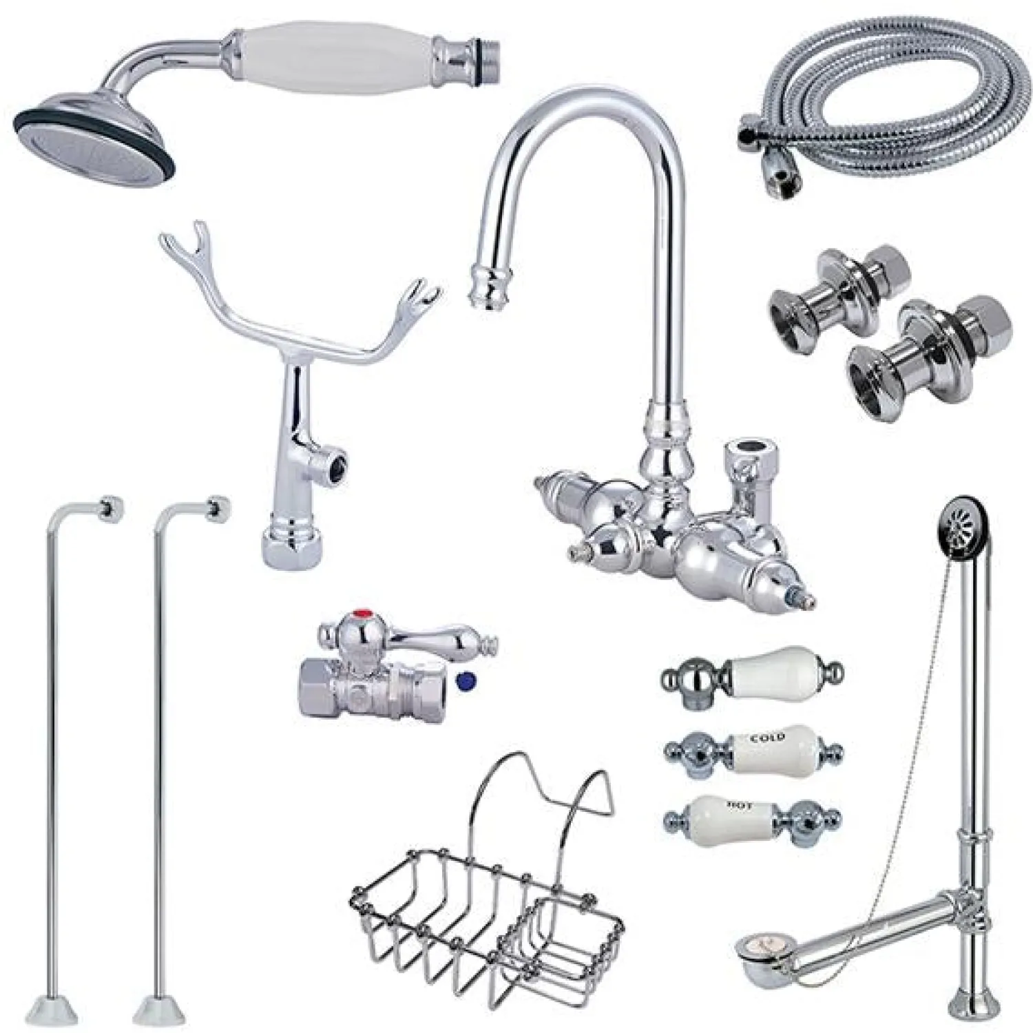 New Vintage Wall Mount Gooseneck Clawfoot Tub Filler with Shower Mixer Kit in Polished Chrome Tub Faucets