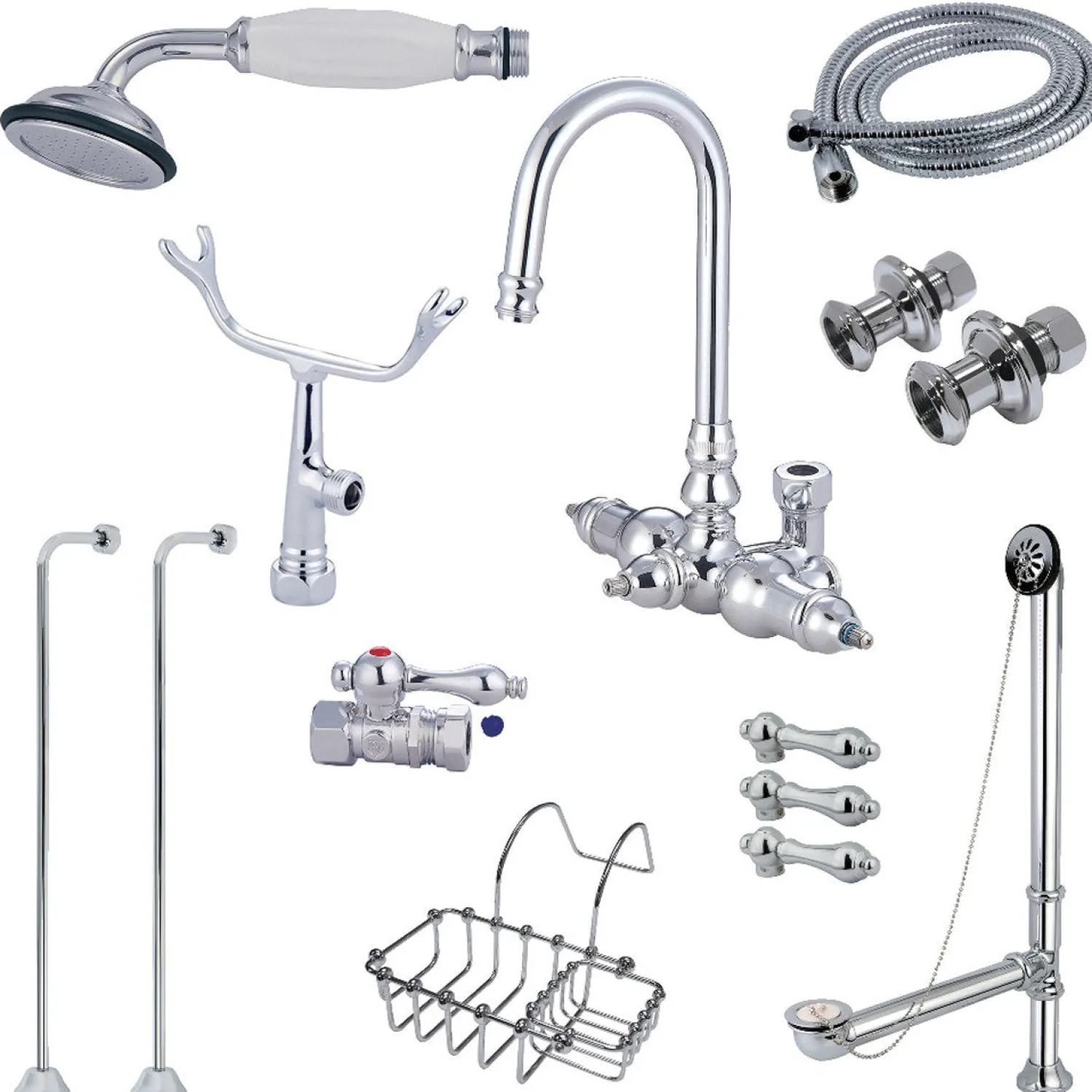 Hot Wall Mount Clawfoot Tub Faucet Package with Supply Line in Polished Chrome Tub Faucets