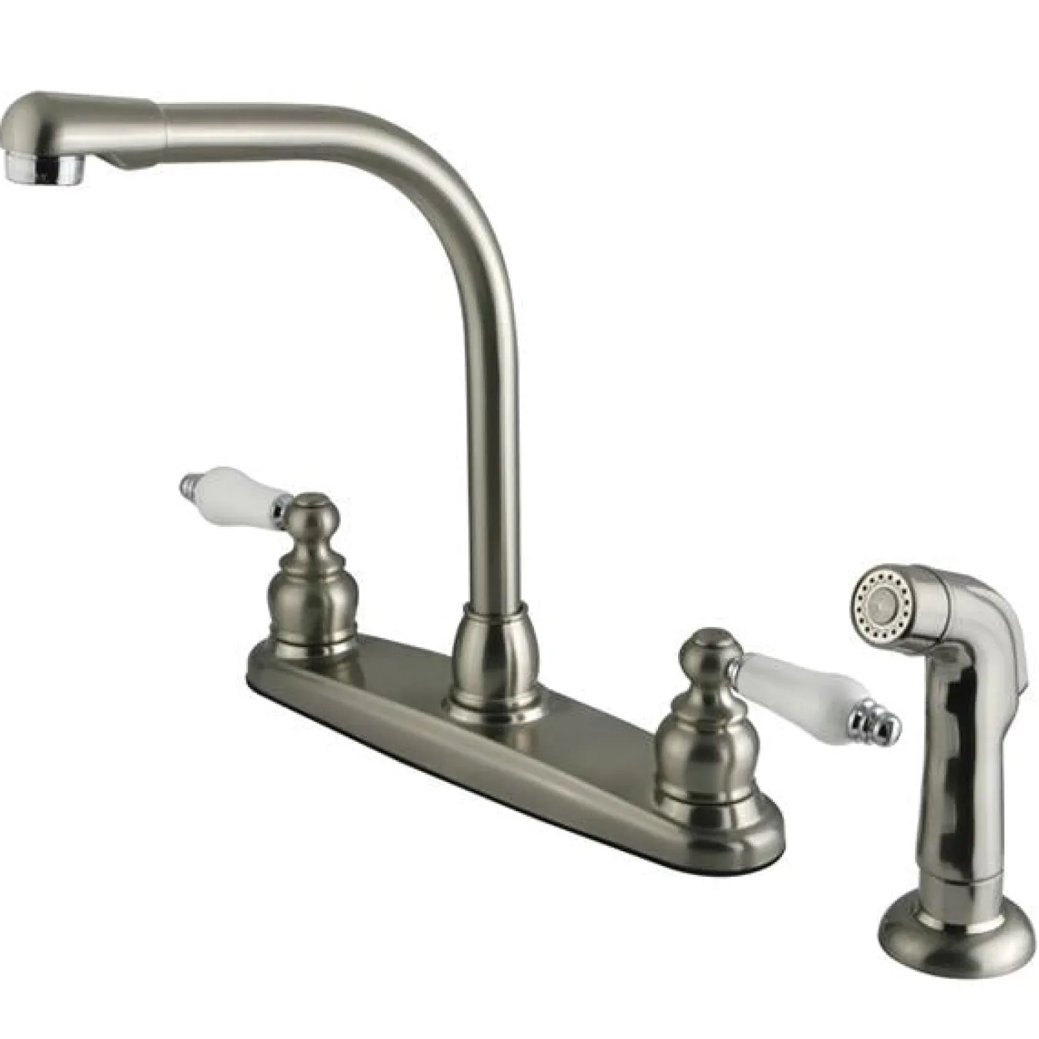 New Water Saving Victorian High Arch Kitchen Faucet with Oak and Porcelain Lever Handles and Sprayer Faucets With Side Spray