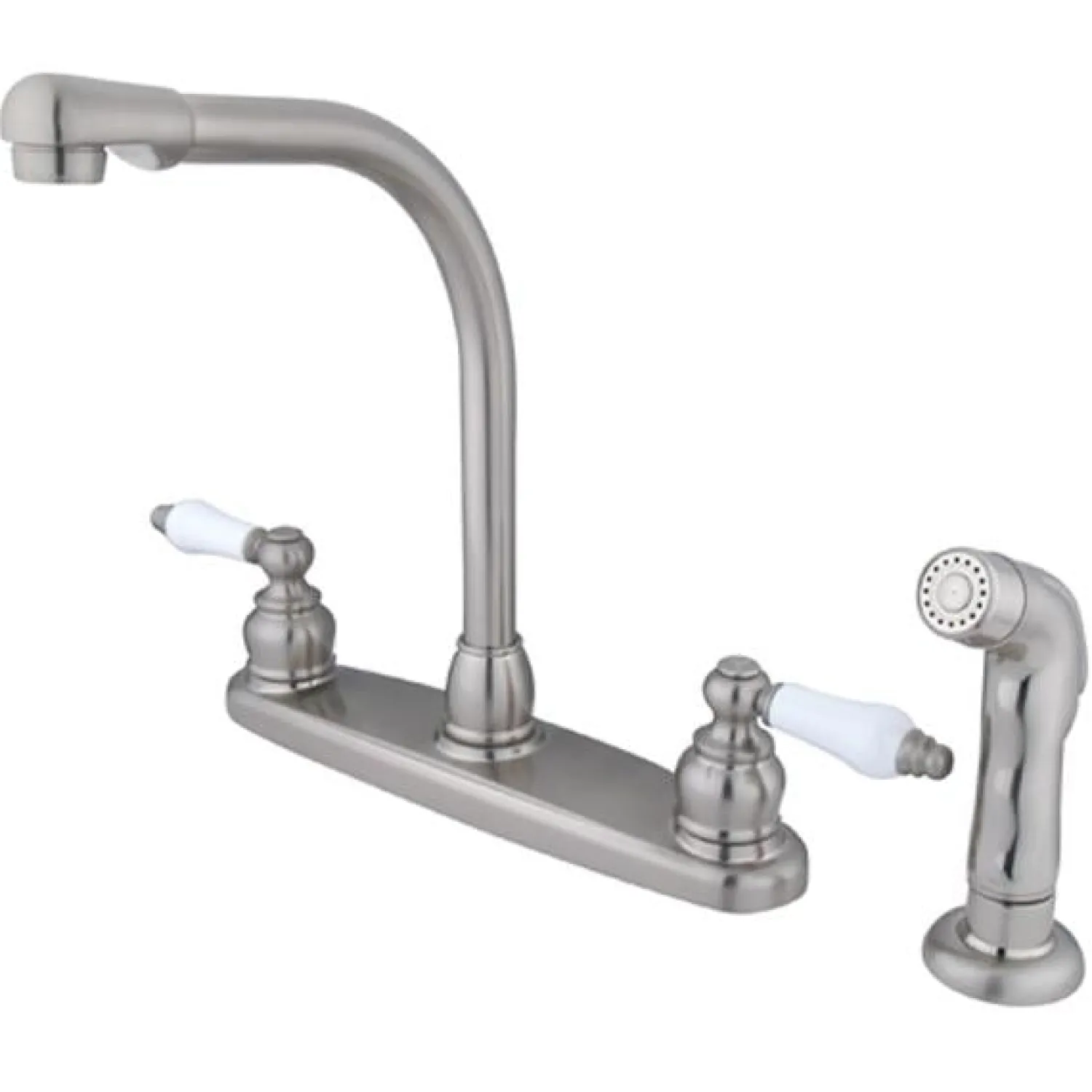 New Water Saving Victorian High Arch Kitchen Faucet with Oak and Porcelain Lever Handles and Sprayer Faucets With Side Spray