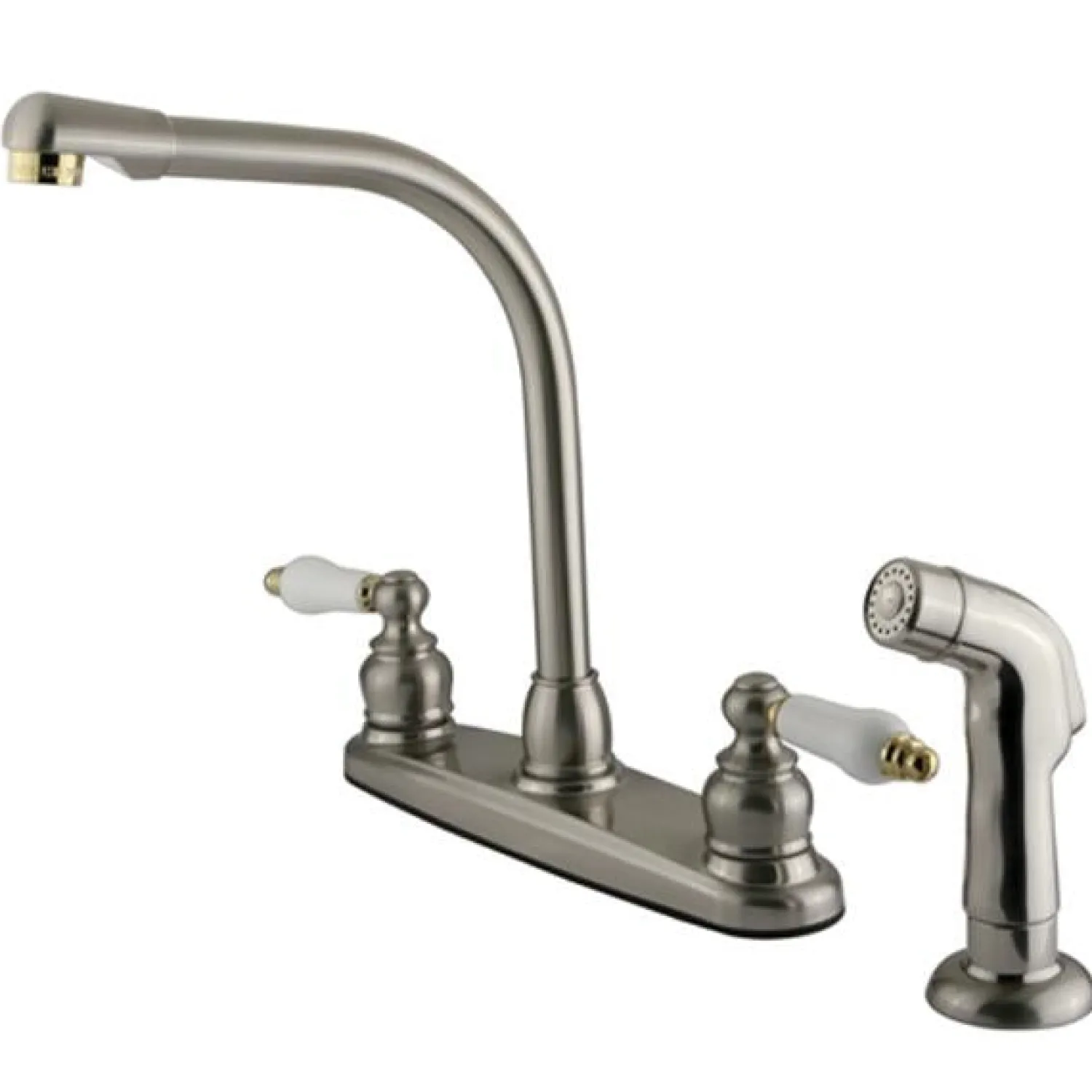 New Water Saving Victorian High Arch Kitchen Faucet with Oak and Porcelain Lever Handles and Sprayer Faucets With Side Spray