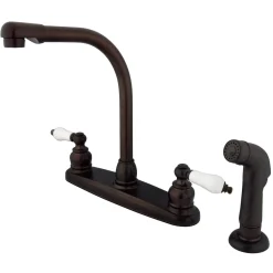 Clearance Water Saving Victorian High Arch Kitchen Faucet with Sprayer and Oak and Porcelain Lever Handles Faucets With Side Spray