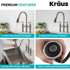 Outlet Allyn Bridge Faucet with Pull-Down Sprayhead in Spot Free Stainless Steel Bridge Faucets