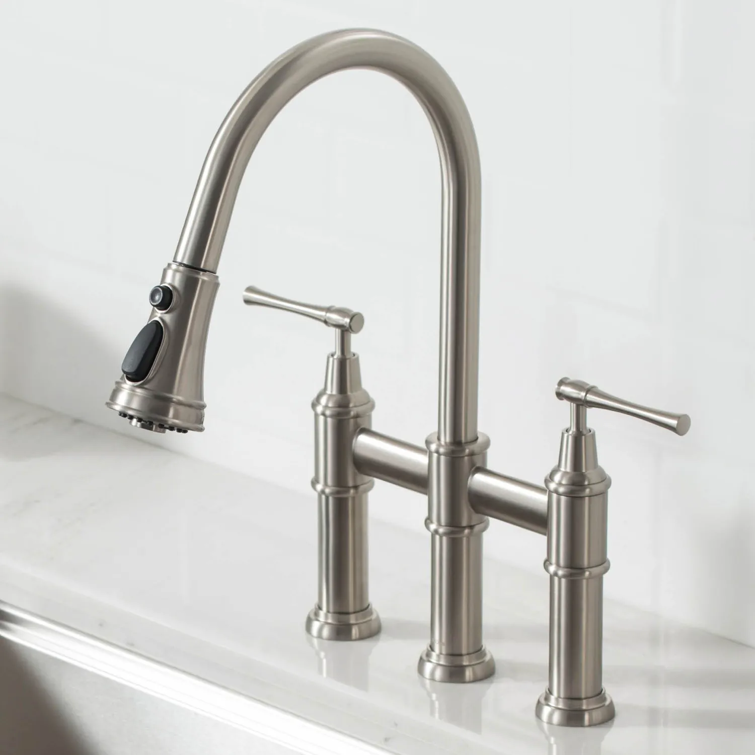 Outlet Allyn Bridge Faucet with Pull-Down Sprayhead in Spot Free Stainless Steel Bridge Faucets