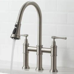 Outlet Allyn Bridge Faucet with Pull-Down Sprayhead in Spot Free Stainless Steel Bridge Faucets