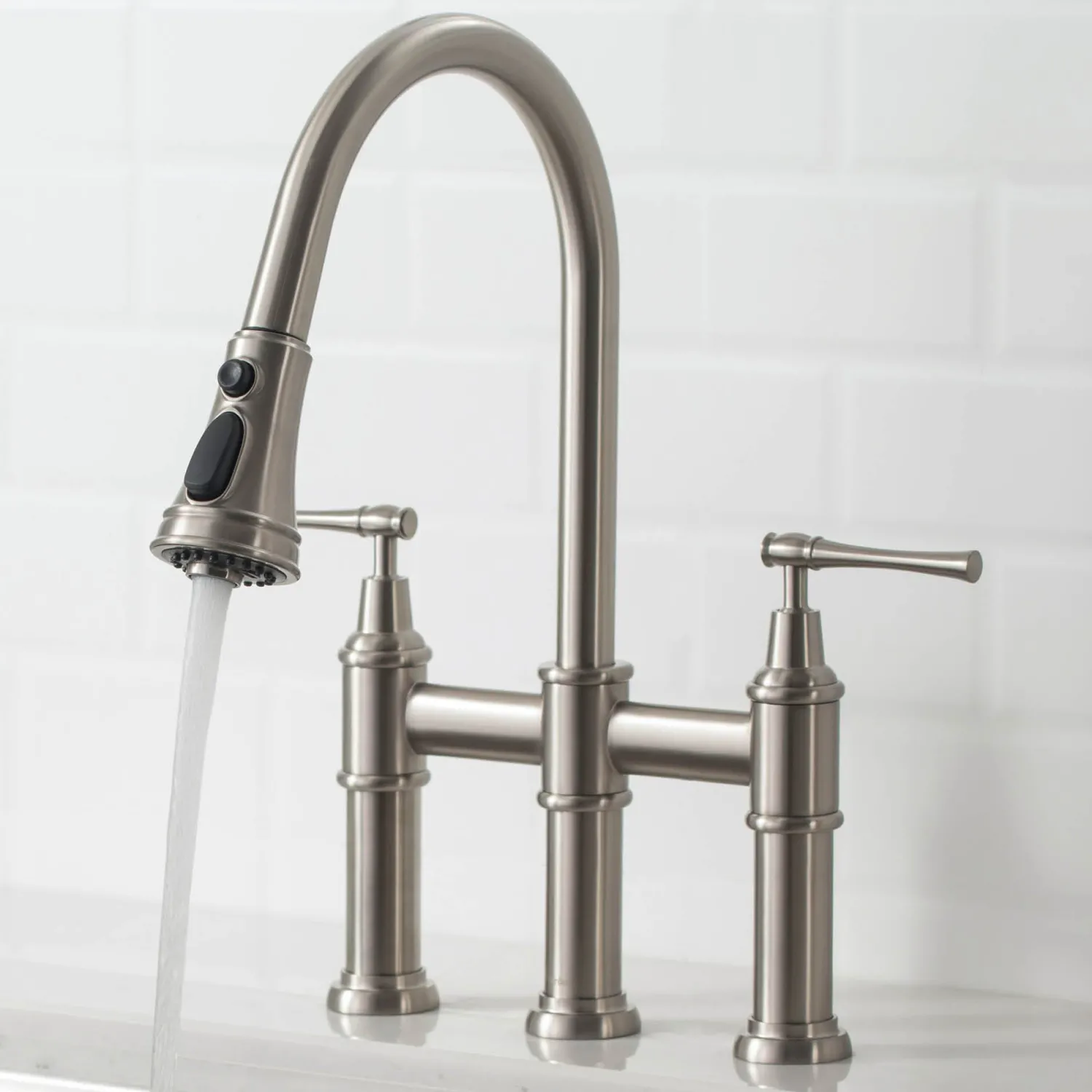 Outlet Allyn Bridge Faucet with Pull-Down Sprayhead in Spot Free Stainless Steel Bridge Faucets