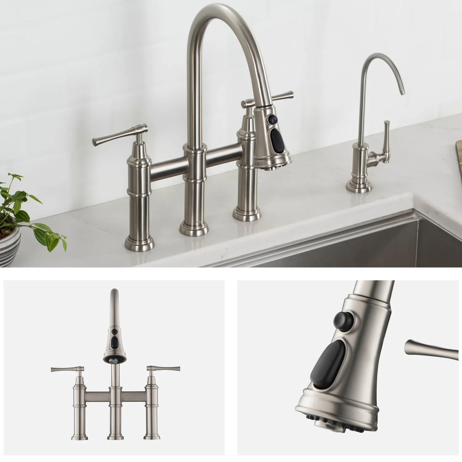 Outlet Allyn Bridge Faucet with Pull-Down Sprayhead in Spot Free Stainless Steel Bridge Faucets