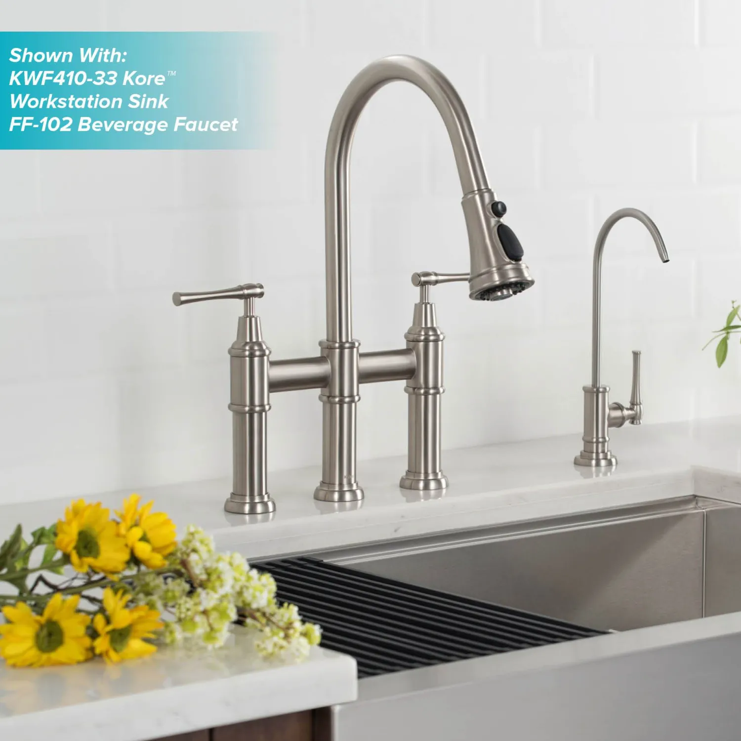Outlet Allyn Bridge Faucet with Pull-Down Sprayhead in Spot Free Stainless Steel Bridge Faucets