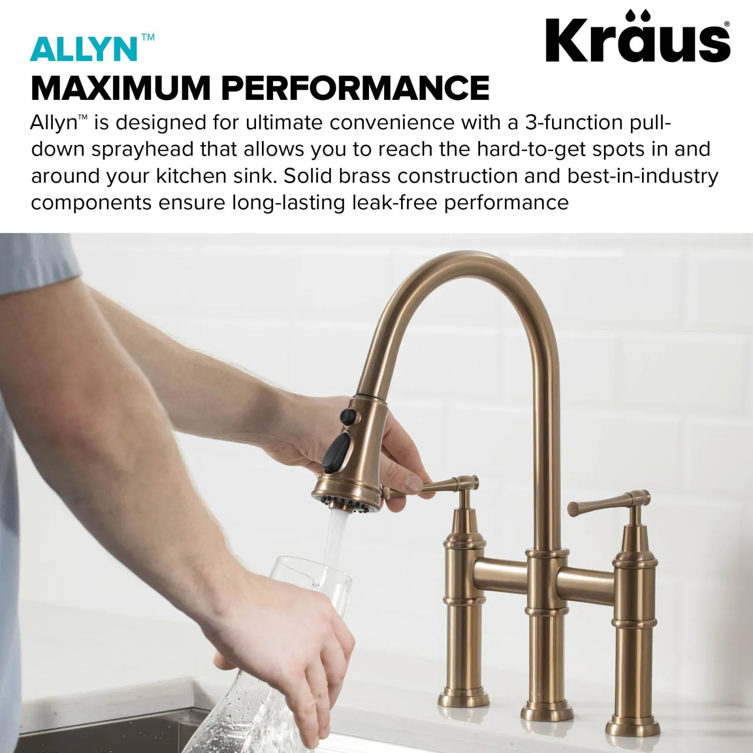 Clearance Allyn Bridge Faucet with Pull-Down Sprayhead in Brushed Gold Bridge Faucets