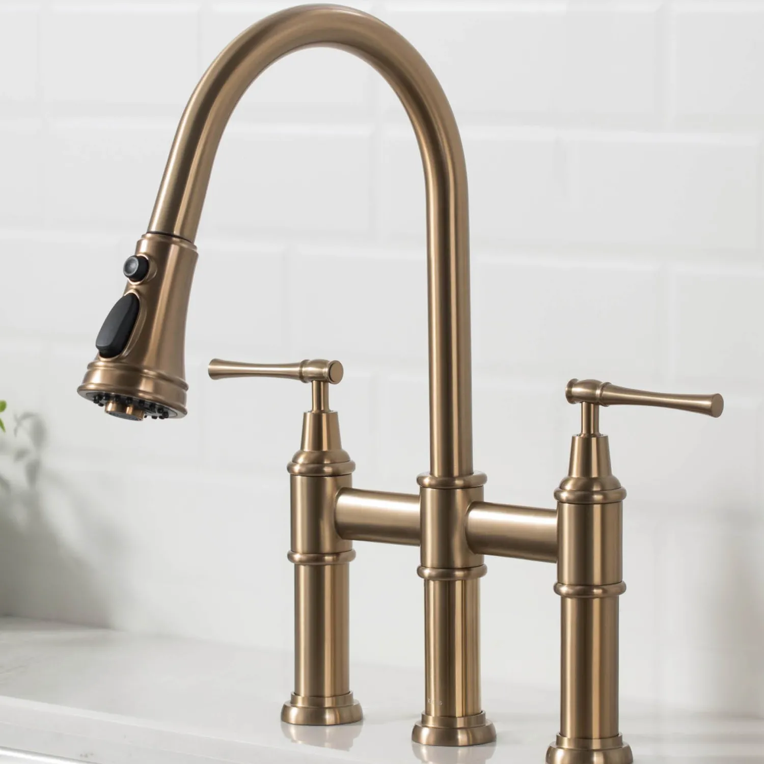 Clearance Allyn Bridge Faucet with Pull-Down Sprayhead in Brushed Gold Bridge Faucets