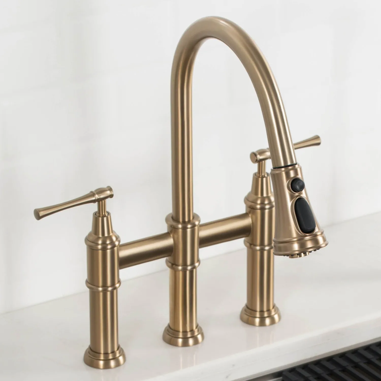 Clearance Allyn Bridge Faucet with Pull-Down Sprayhead in Brushed Gold Bridge Faucets
