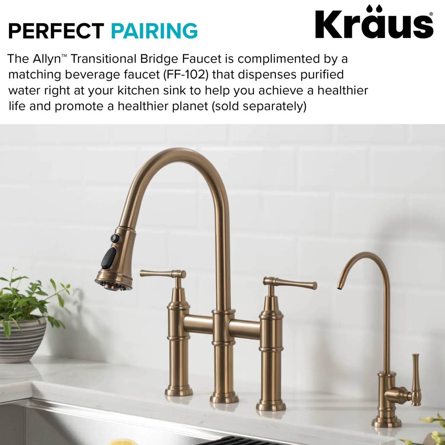 Clearance Allyn Bridge Faucet with Pull-Down Sprayhead in Brushed Gold Bridge Faucets