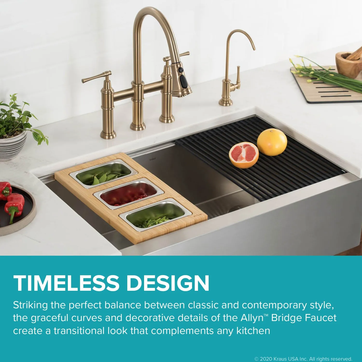 Clearance Allyn Bridge Faucet with Pull-Down Sprayhead in Brushed Gold Bridge Faucets