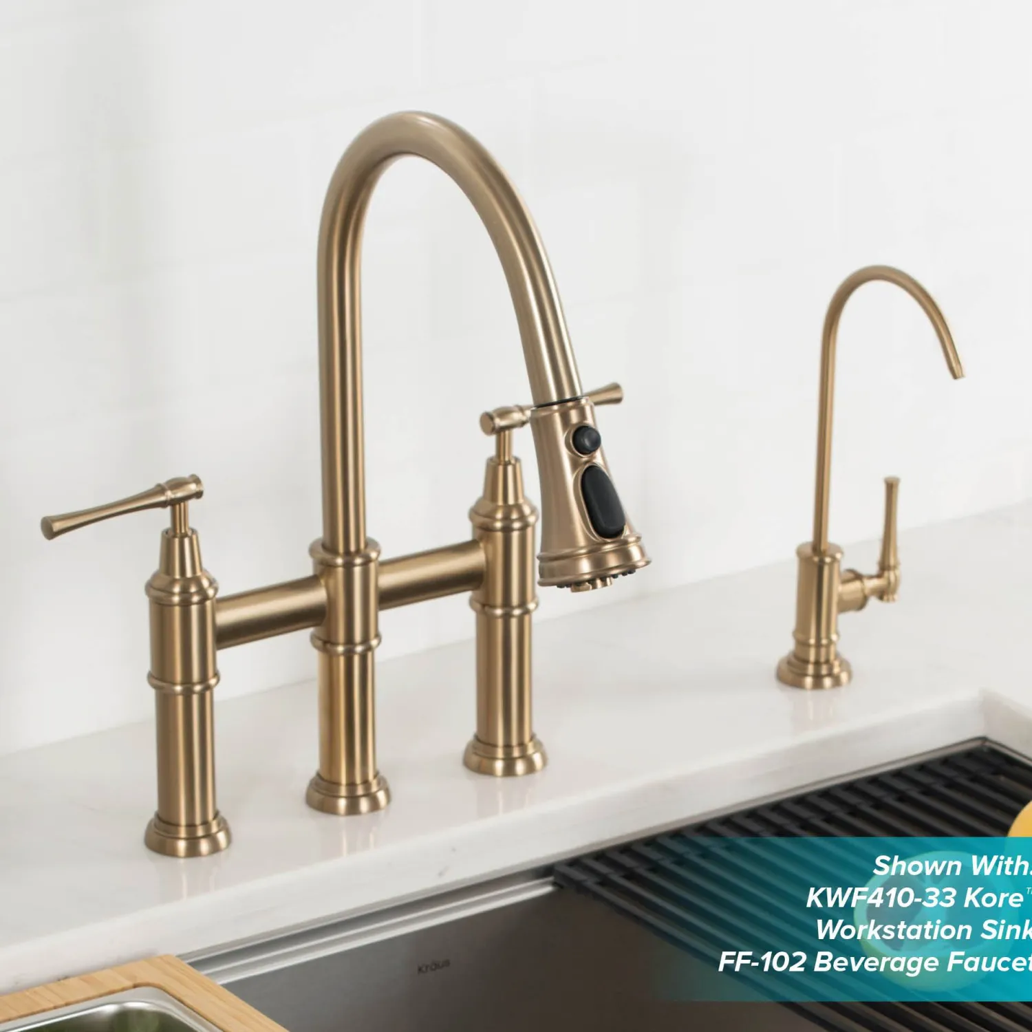 Clearance Allyn Bridge Faucet with Pull-Down Sprayhead in Brushed Gold Bridge Faucets