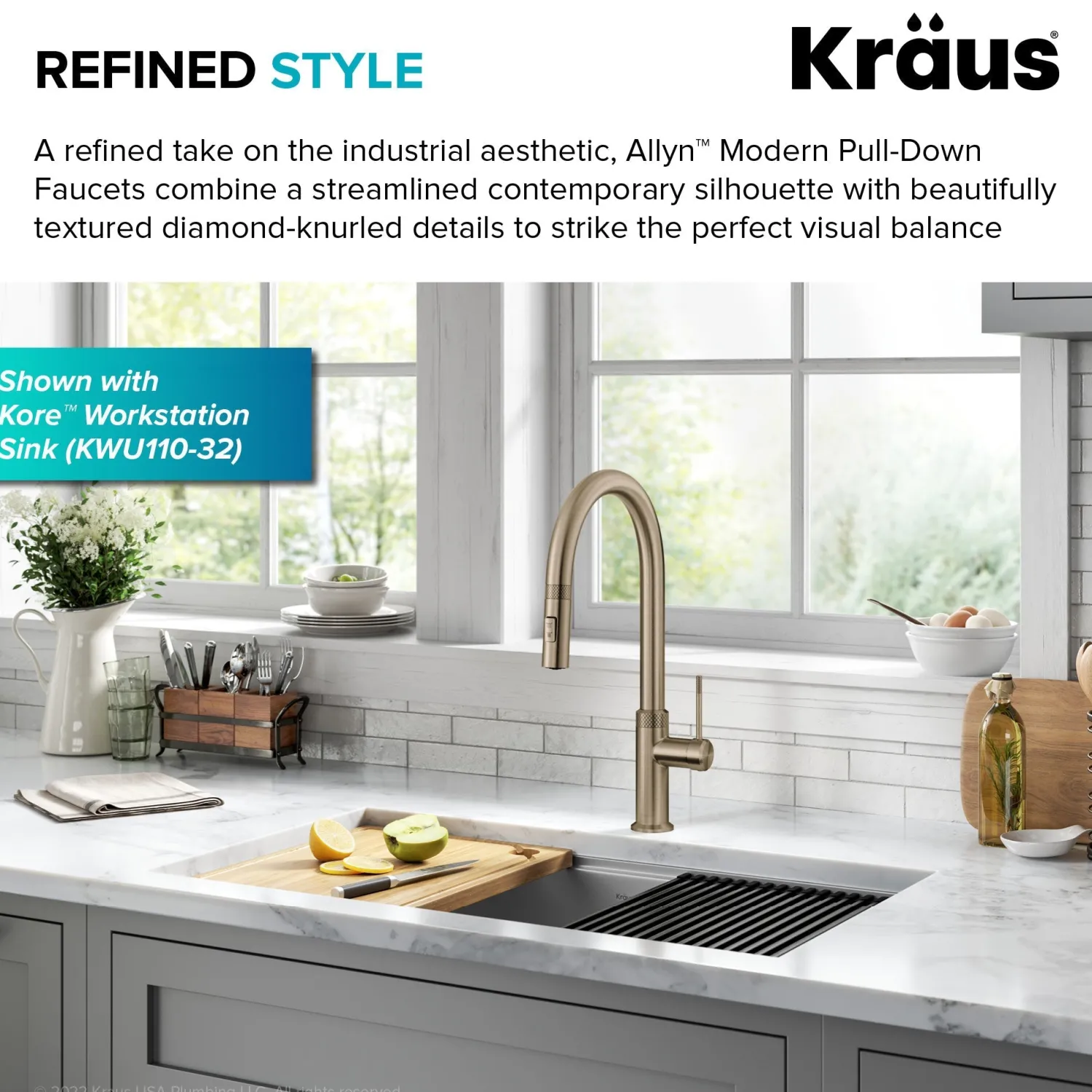 Allyn Brushed Gold Single Handle Kitchen Faucet with Diamond Cut Single Hole