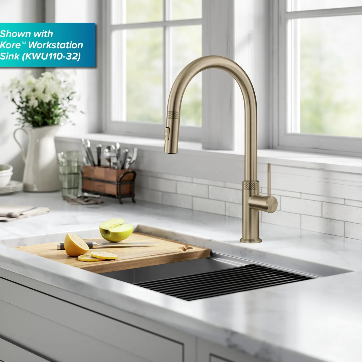 Allyn Brushed Gold Single Handle Kitchen Faucet with Diamond Cut Single Hole