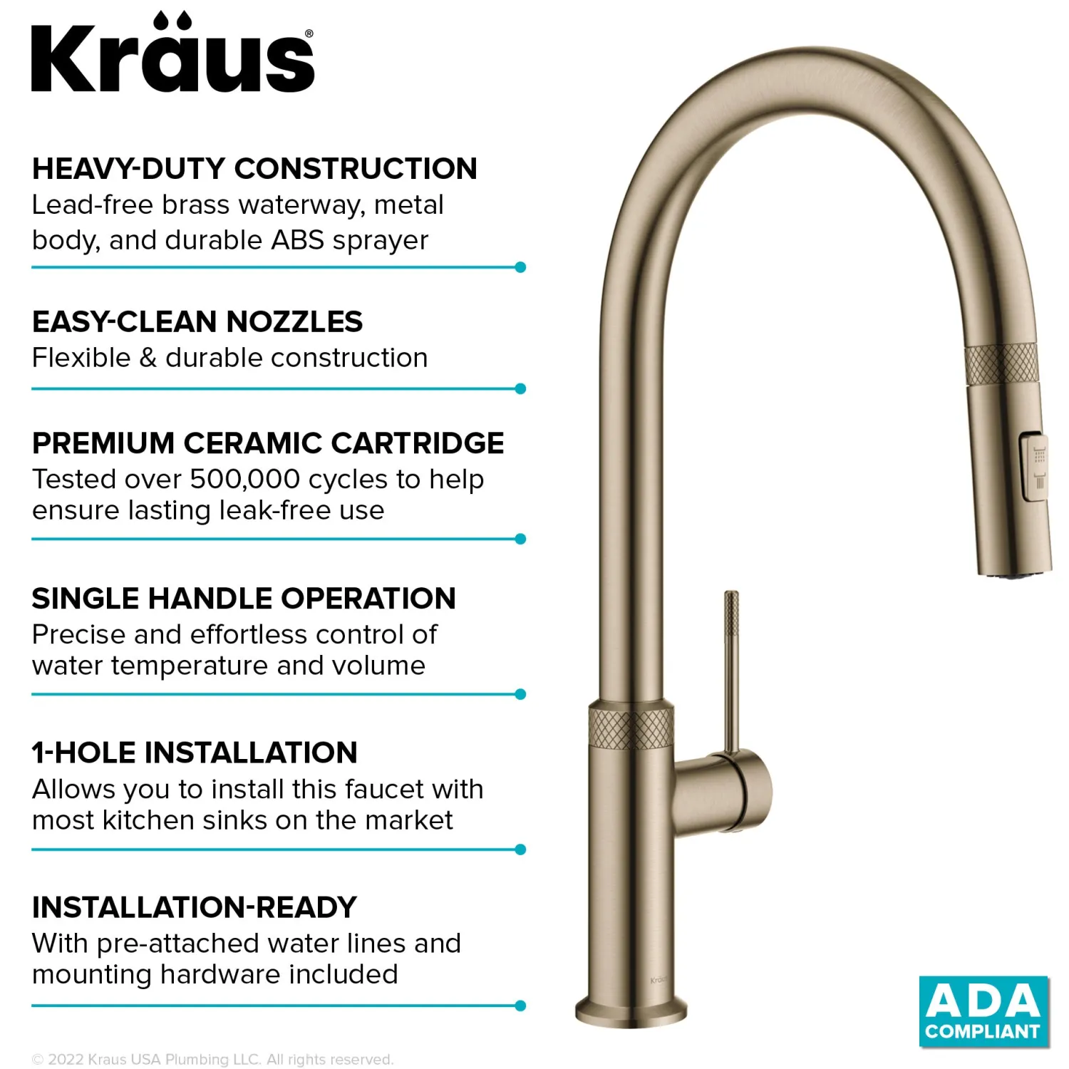 Allyn Brushed Gold Single Handle Kitchen Faucet with Diamond Cut Single Hole