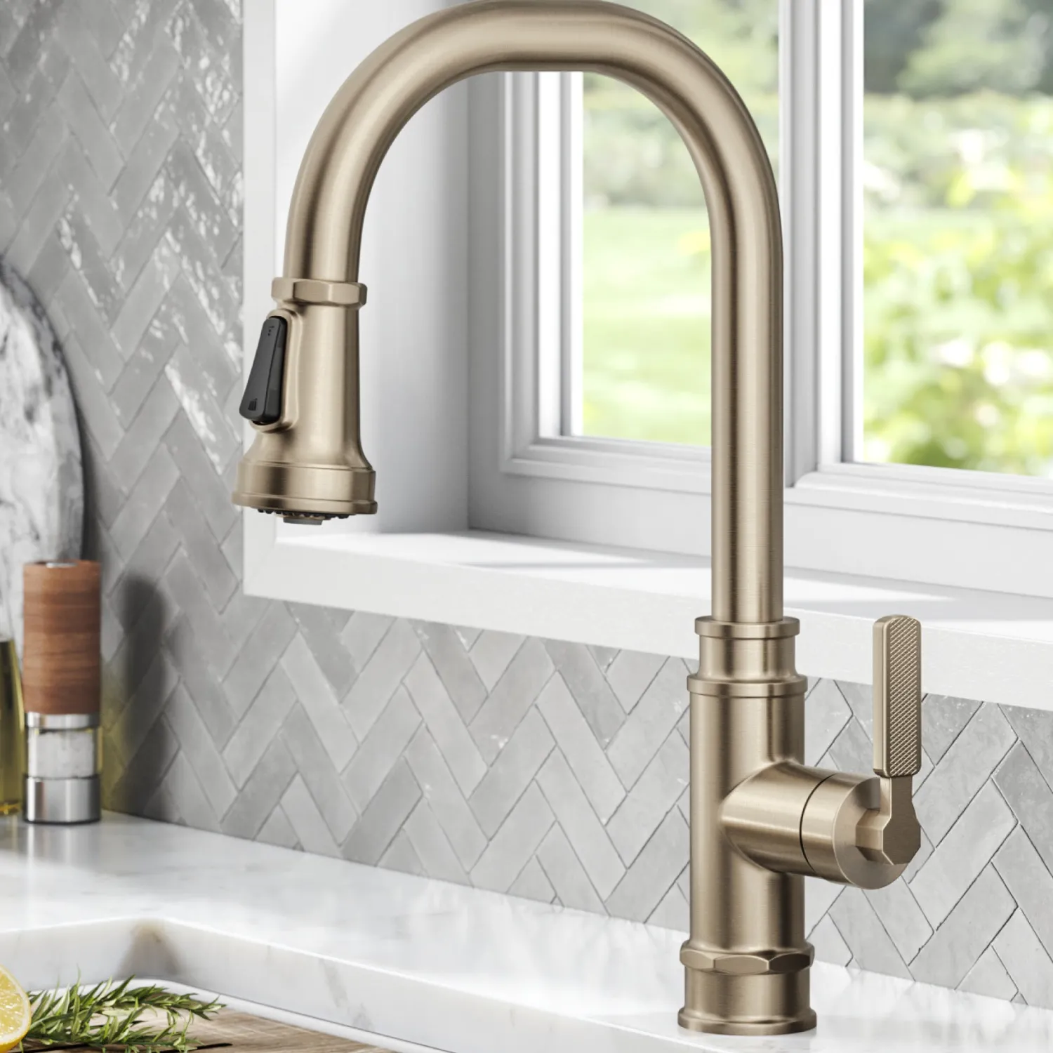 Sale Allyn Industrial Pull-Down Kitchen Faucet in Antique Champagne Bronze Single Hole