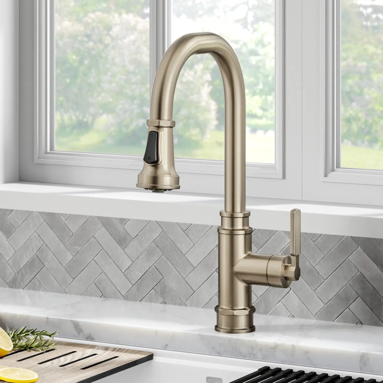Sale Allyn Industrial Pull-Down Kitchen Faucet in Antique Champagne Bronze Single Hole