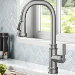 Discount Allyn Industrial Pull-Down Kitchen Faucet in Spot-Free Stainless Steel Single Hole