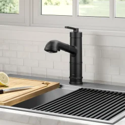 Discount Allyn Industrial Pull-Out Single Handle Kitchen Faucet in Matte Black Single Hole