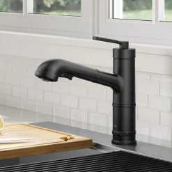 Discount Allyn Industrial Pull-Out Single Handle Kitchen Faucet in Matte Black Single Hole