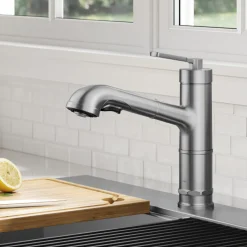 Hot Allyn Industrial Pull-Out Single Handle Kitchen Faucet in Spot-Free Stainless Steel Single Hole