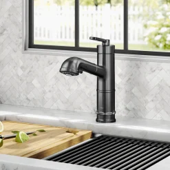 Online Allyn Industrial Pull-Out Single Handle Kitchen Faucet in Black Stainless Single Hole