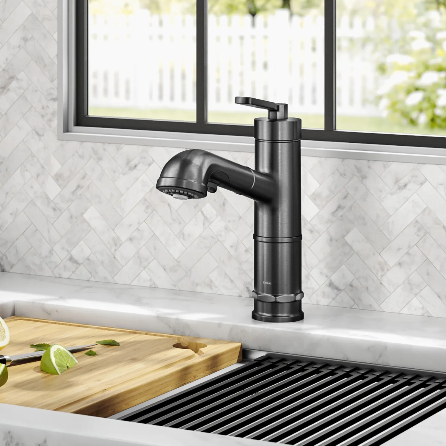 Online Allyn Industrial Pull-Out Single Handle Kitchen Faucet in Black Stainless Single Hole