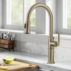 Allyn Nut & Bolt Diamond Cut Brushed Gold Kitchen Faucet Single Hole