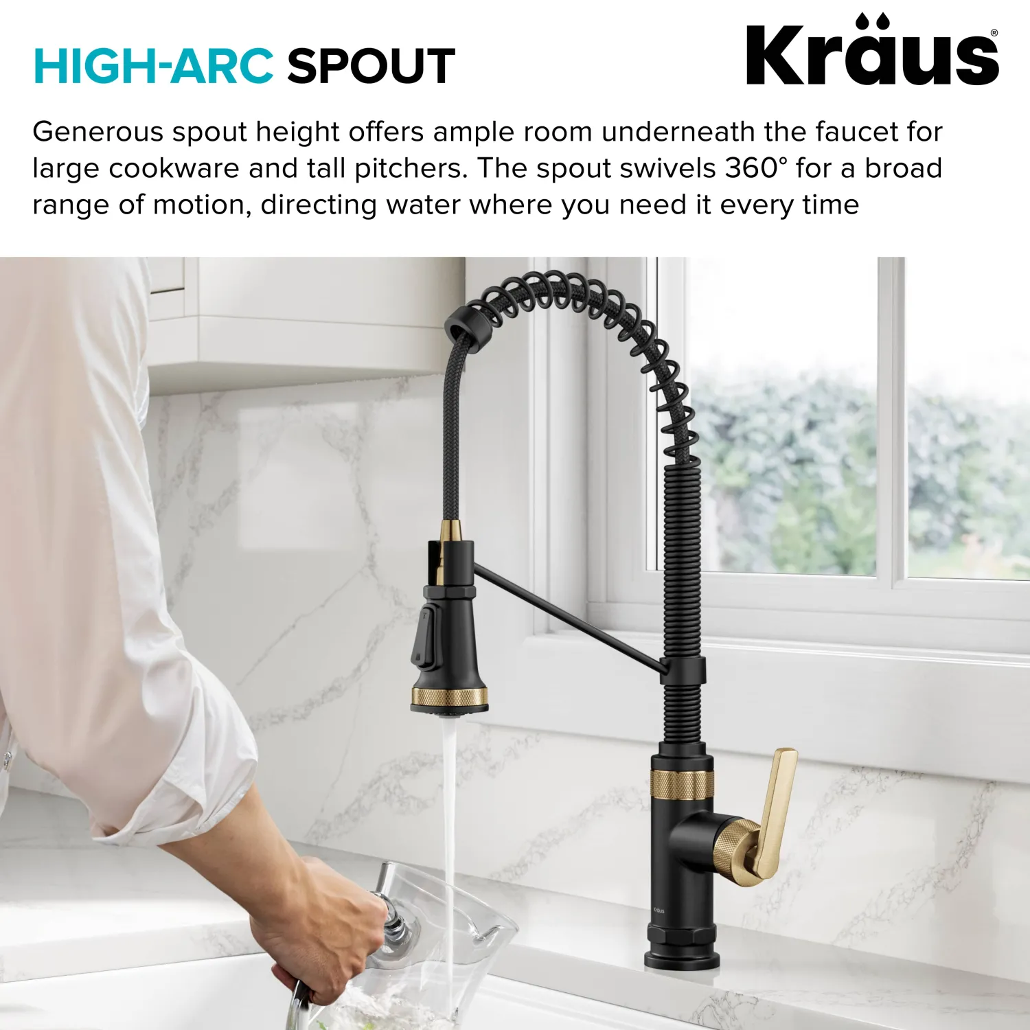 Outlet Allyn Single Handle Pull Down Kitchen Faucet in Spot-Free Brushed Brass + Matte Black Single Hole