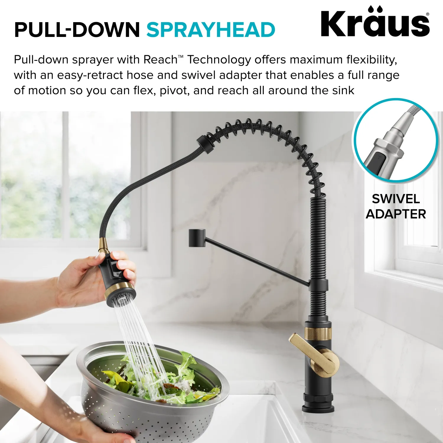 Outlet Allyn Single Handle Pull Down Kitchen Faucet in Spot-Free Brushed Brass + Matte Black Single Hole