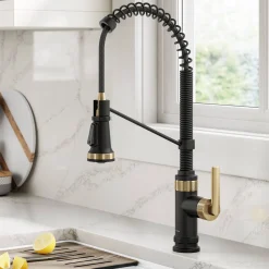 Outlet Allyn Single Handle Pull Down Kitchen Faucet in Spot-Free Brushed Brass + Matte Black Single Hole