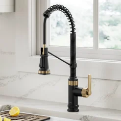 Outlet Allyn Single Handle Pull Down Kitchen Faucet in Spot-Free Brushed Brass + Matte Black Single Hole