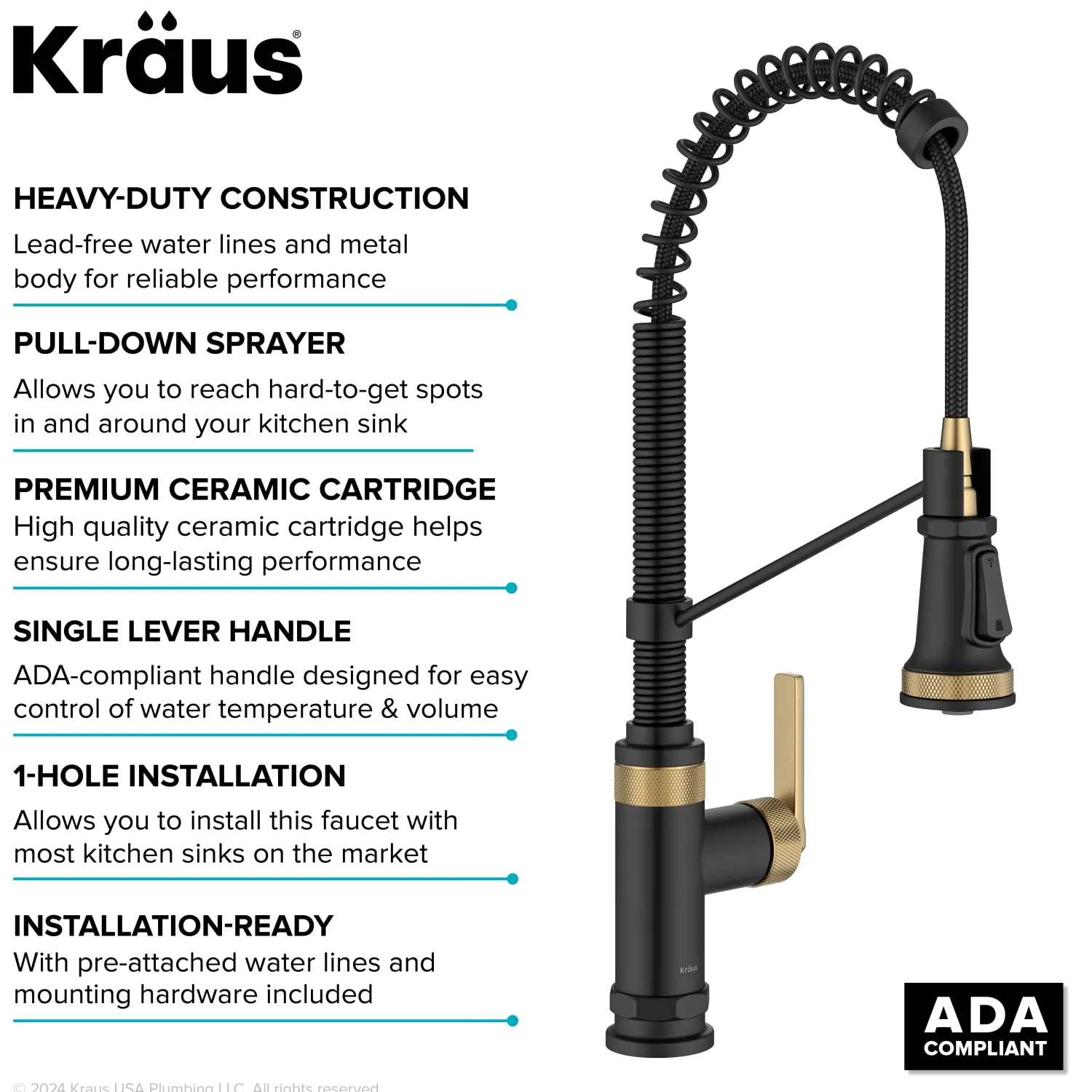 Outlet Allyn Single Handle Pull Down Kitchen Faucet in Spot-Free Brushed Brass + Matte Black Single Hole