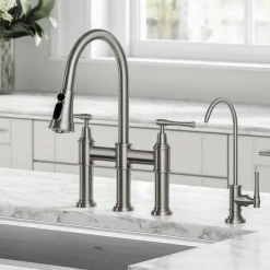 Allyn Transitional Bridge Kitchen Faucet & Water Filter Faucet in Spot Free Stainless Steel Water Filter Faucets|Bridge Faucets