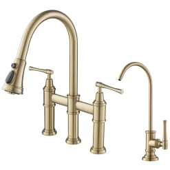 Outlet Allyn Transitional Bridge Kitchen Faucet & Water Filter Faucet in Brushed Gold Water Filter Faucets|Bridge Faucets