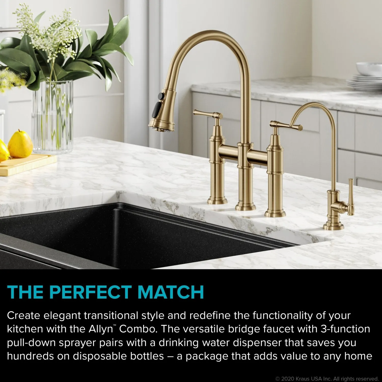 Outlet Allyn Transitional Bridge Kitchen Faucet & Water Filter Faucet in Brushed Gold Water Filter Faucets|Bridge Faucets