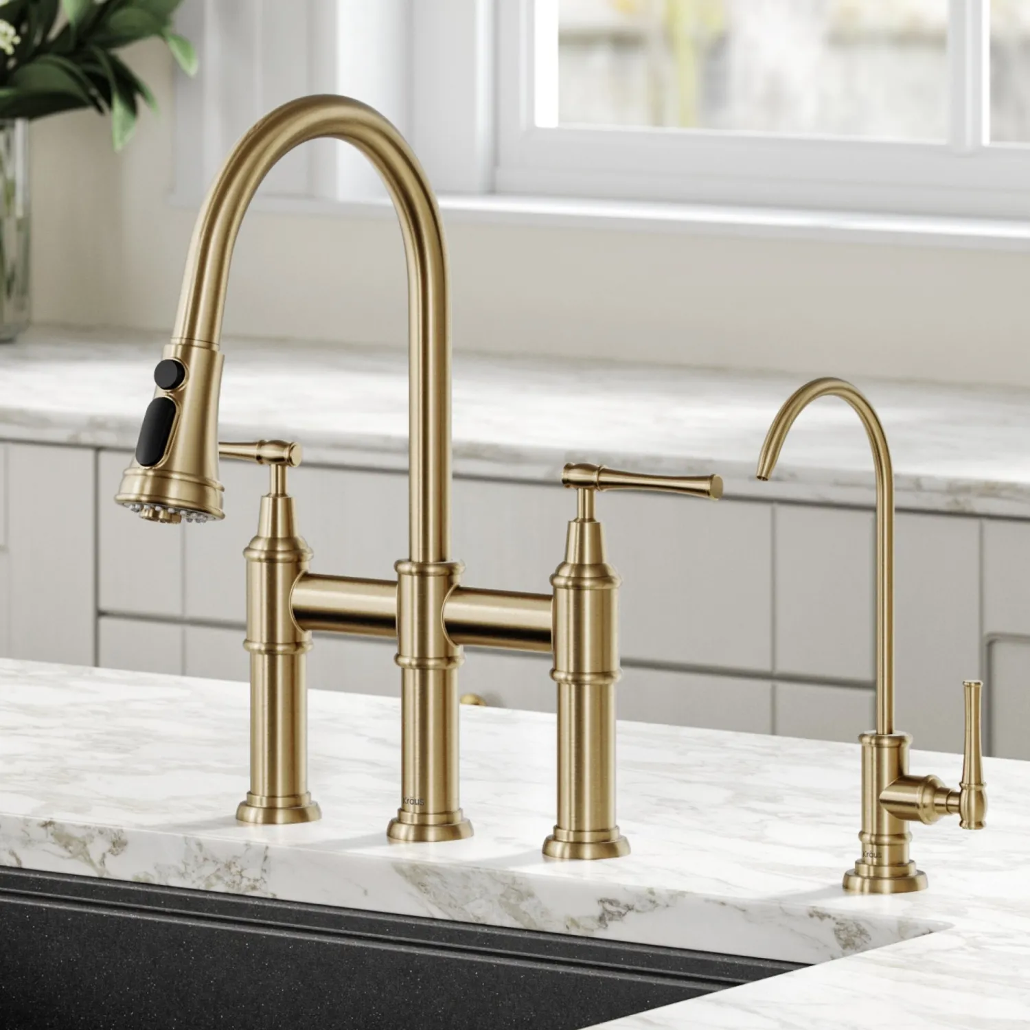 Outlet Allyn Transitional Bridge Kitchen Faucet & Water Filter Faucet in Brushed Gold Water Filter Faucets|Bridge Faucets