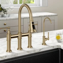 Outlet Allyn Transitional Bridge Kitchen Faucet & Water Filter Faucet in Brushed Gold Water Filter Faucets|Bridge Faucets