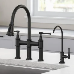 Sale Allyn Transitional Bridge Kitchen Faucet & Water Filter Faucet in Matte Black Water Filter Faucets|Bridge Faucets